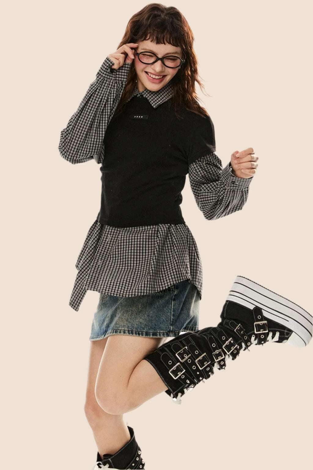Vintage Plaid Lapel Shirt & Top Set-Up