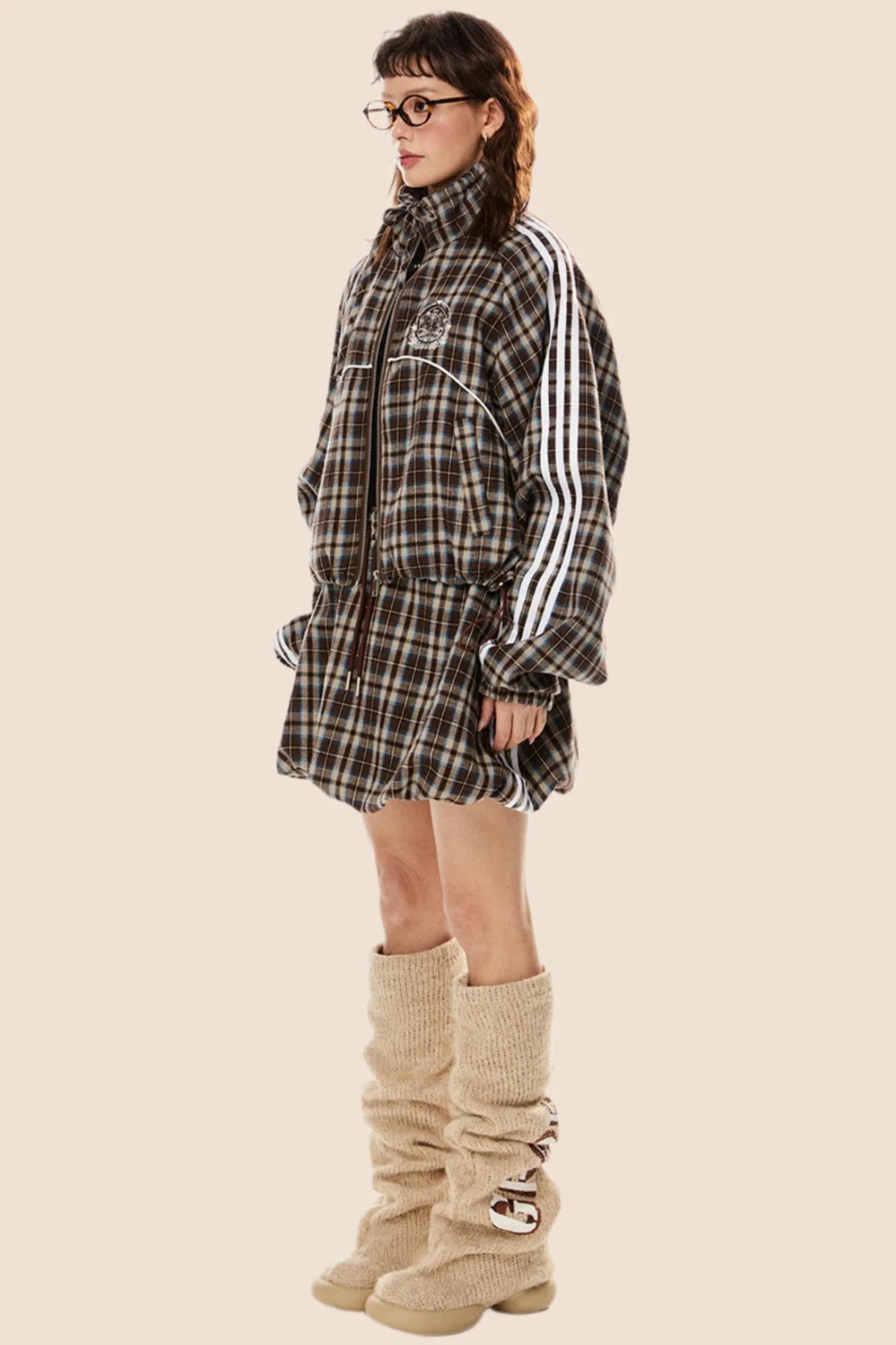 Short Loose Plaid Jacket & Skirt Set-Up