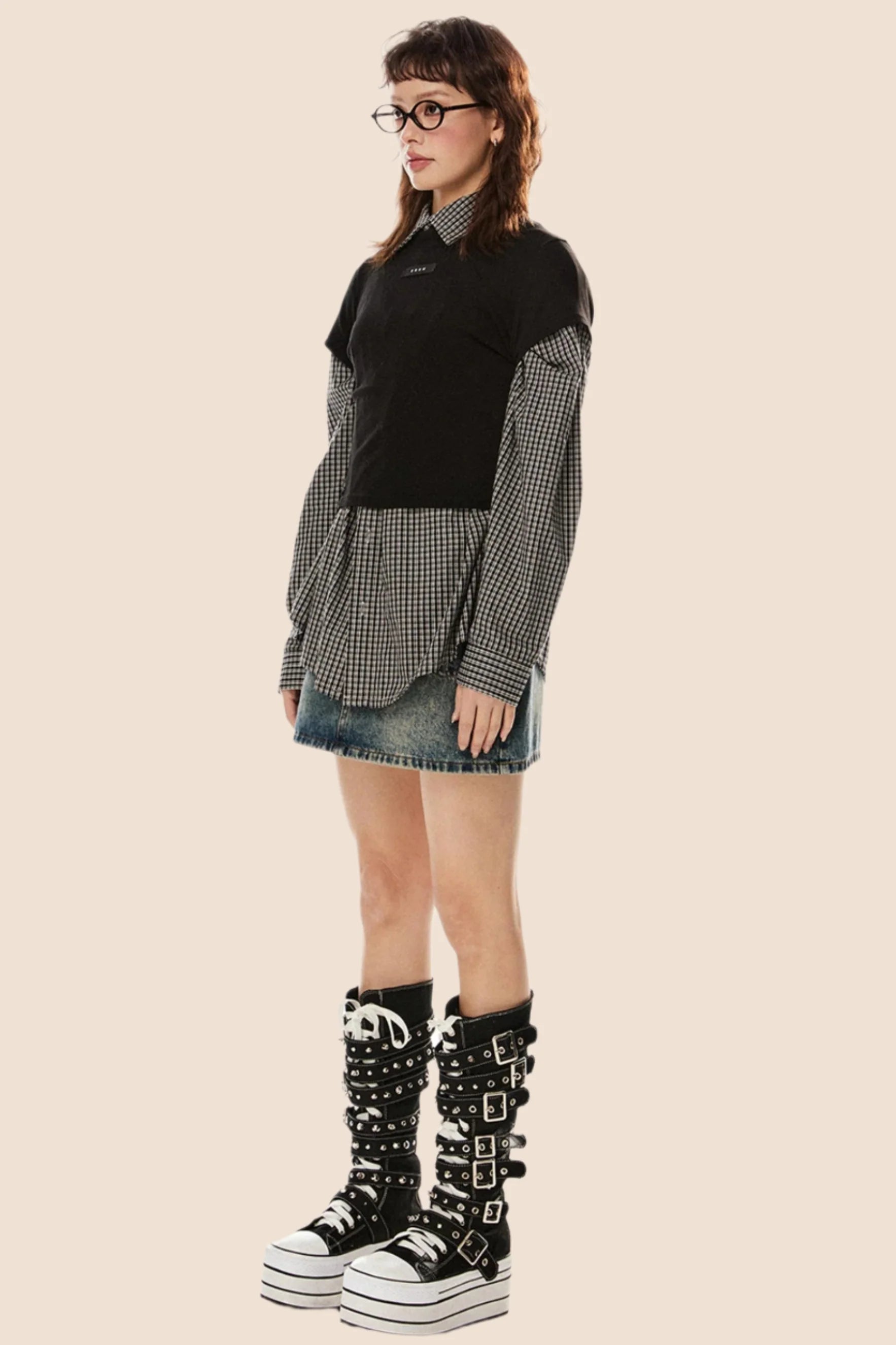 Vintage Plaid Lapel Shirt & Top Set-Up