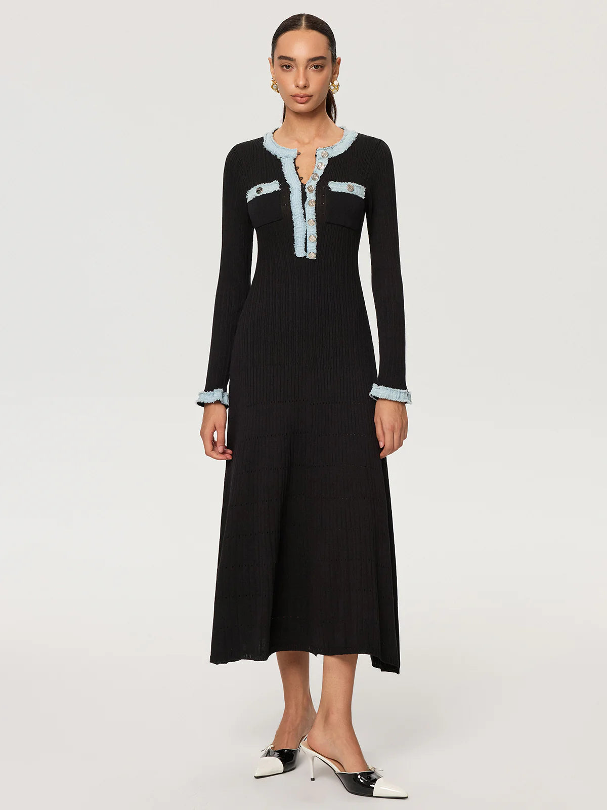 Denim Panel Knit Maxi Dress