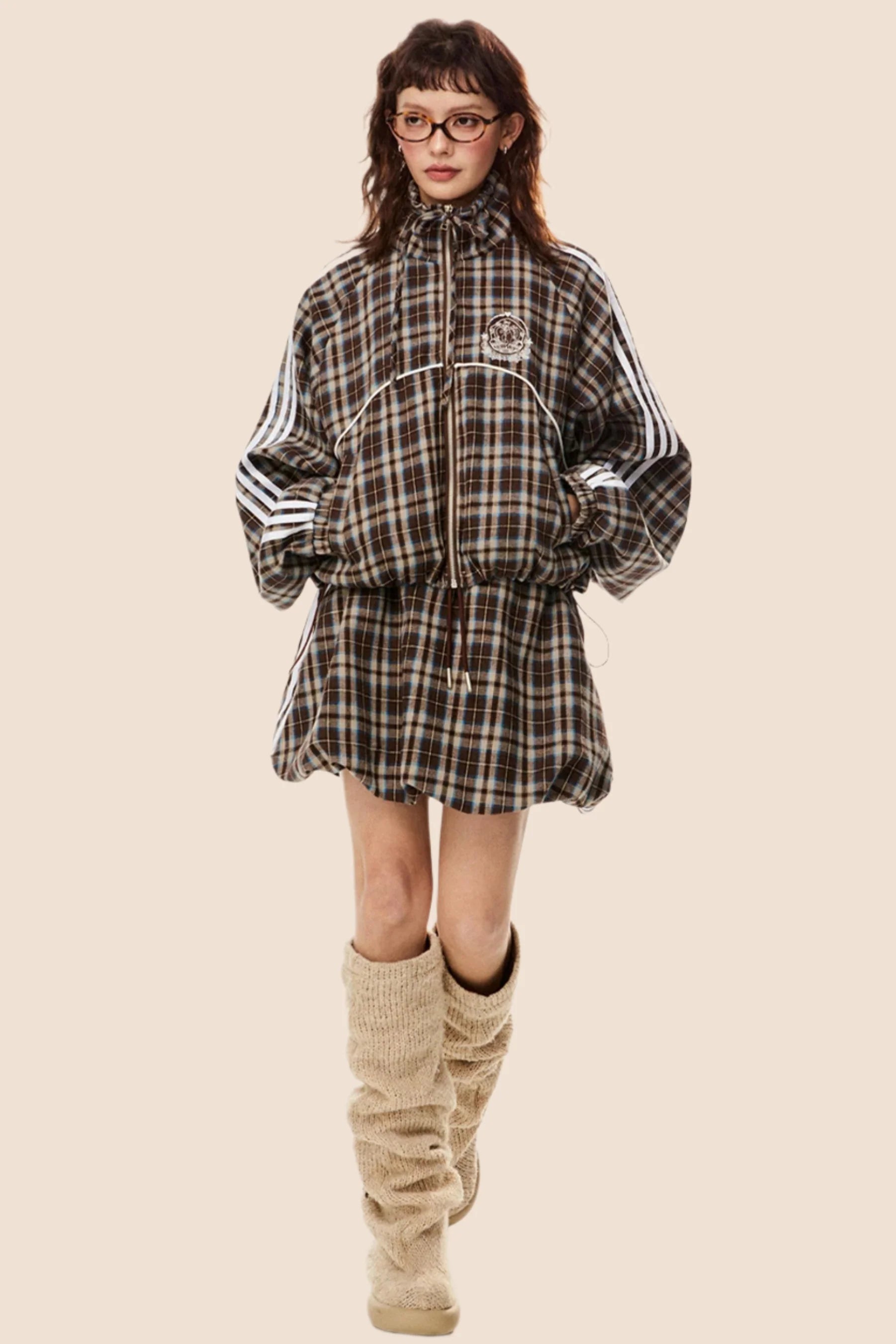 Short Loose Plaid Jacket & Skirt Set-Up