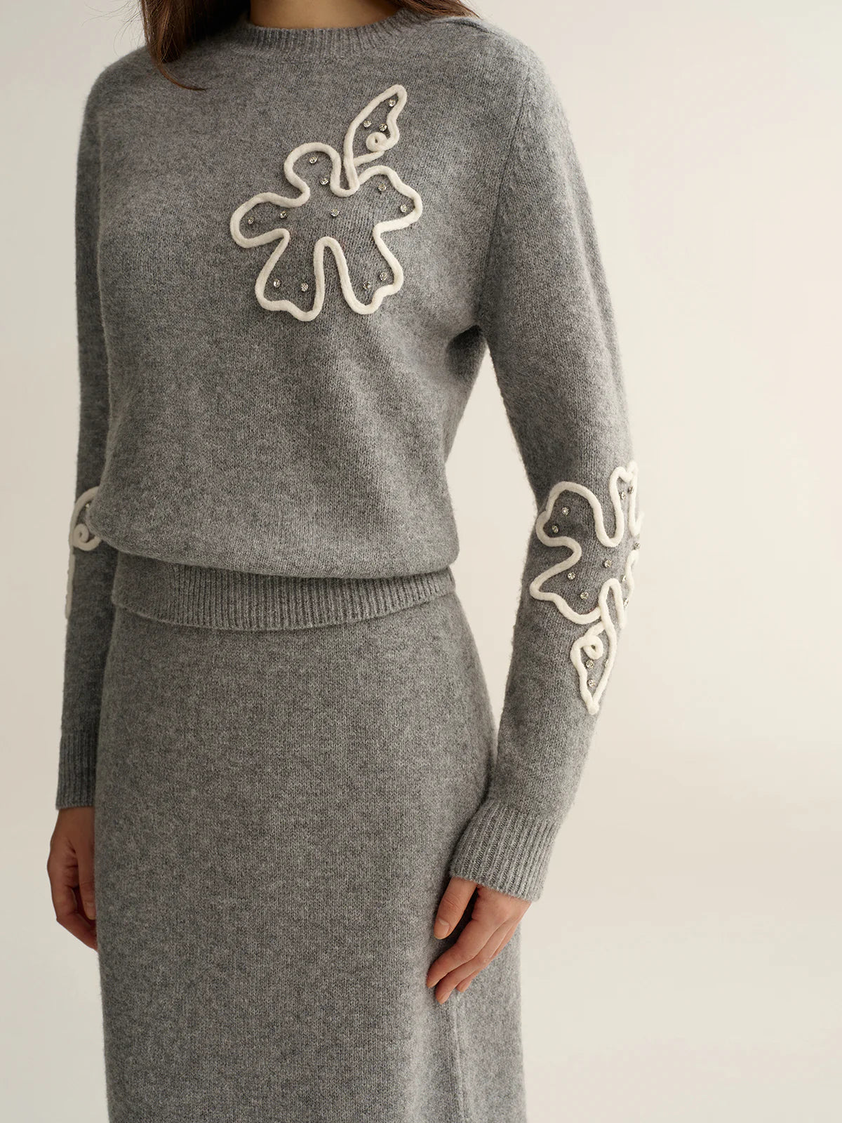 Floral Applique Sweater and Midi Skirt Set