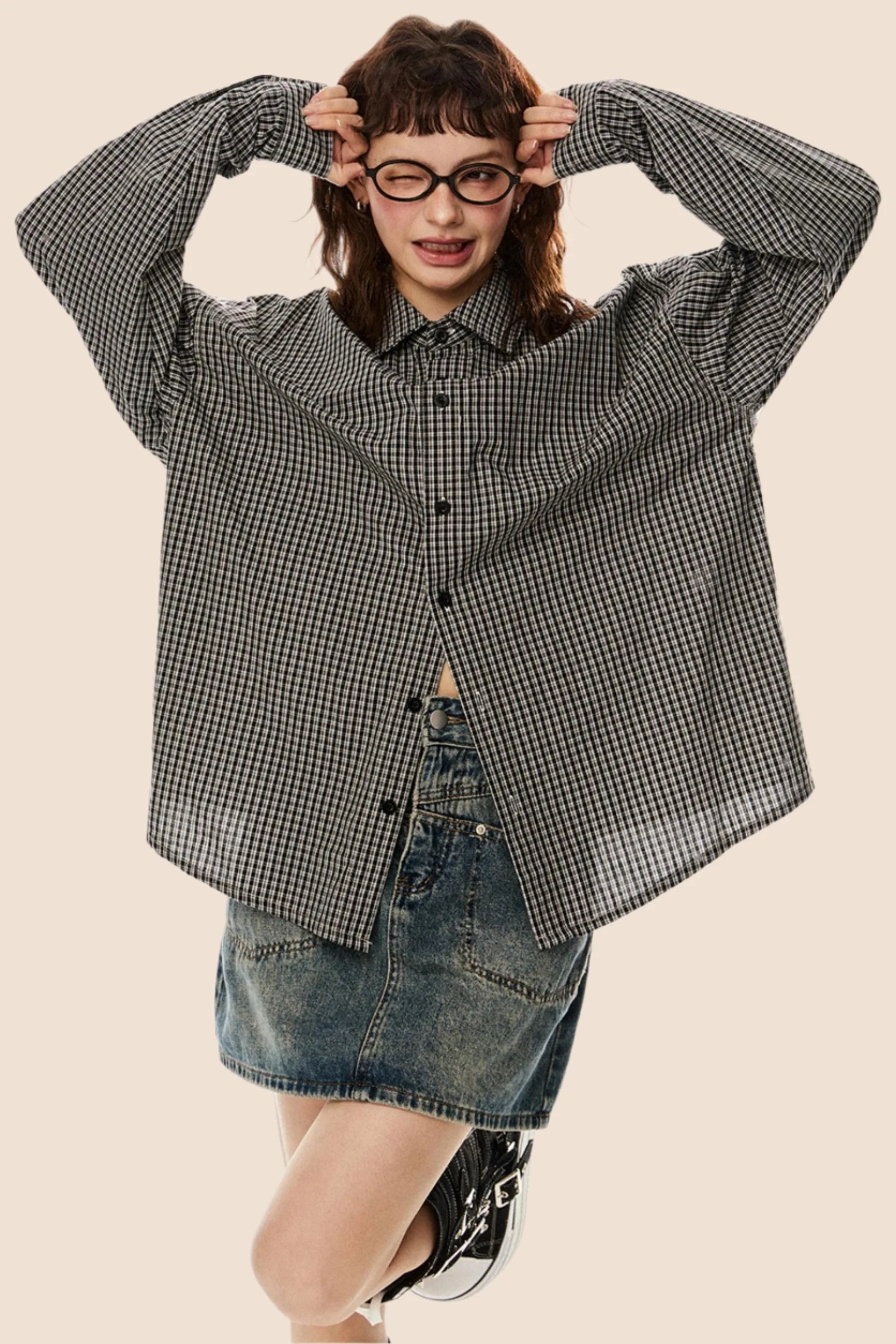 Vintage Plaid Lapel Shirt & Top Set-Up