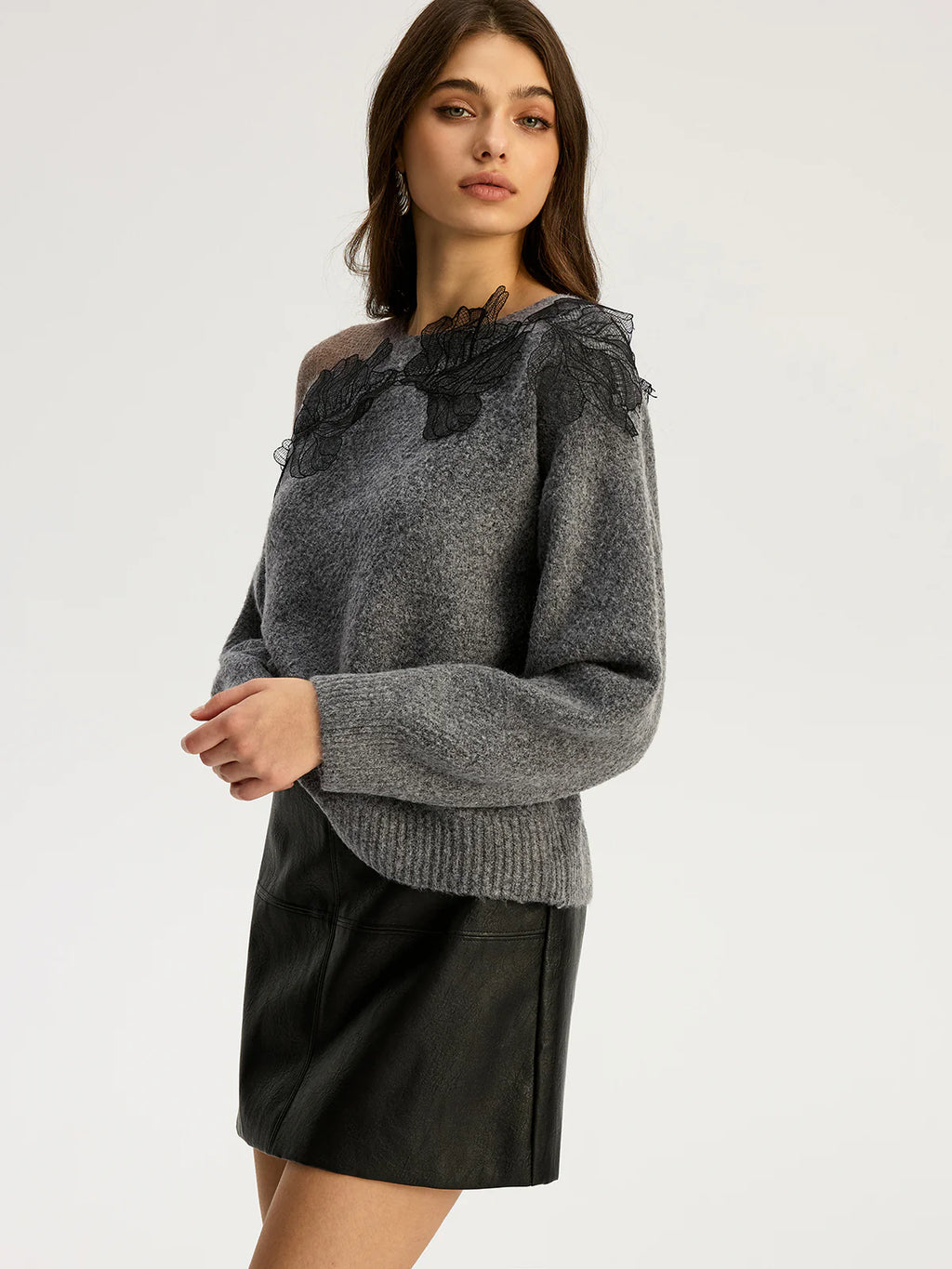 Floral lace Sweater Semi Sheer Round Neck Sweater