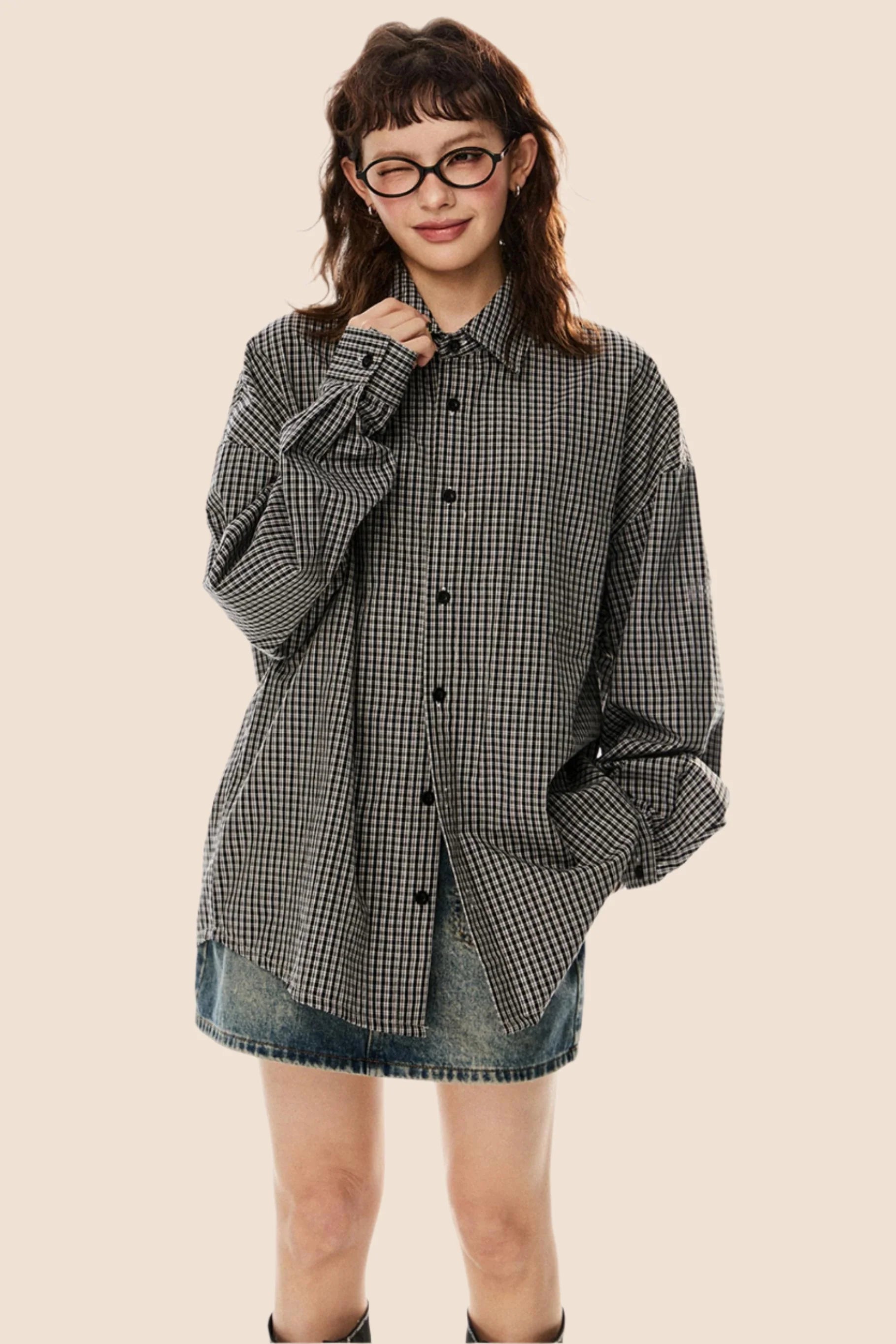Vintage Plaid Lapel Shirt & Top Set-Up