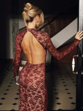 Lace Long Sleeve Fitted Backless Maxi Dress