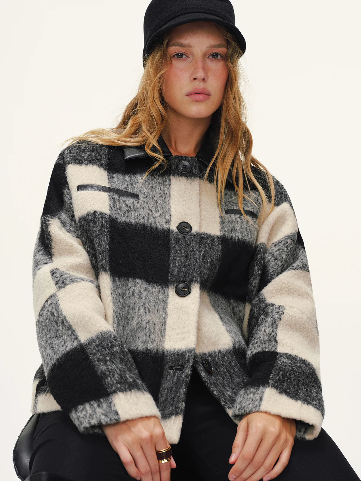 Faux Leather Collar Plaid Faux Cashmere Coat
