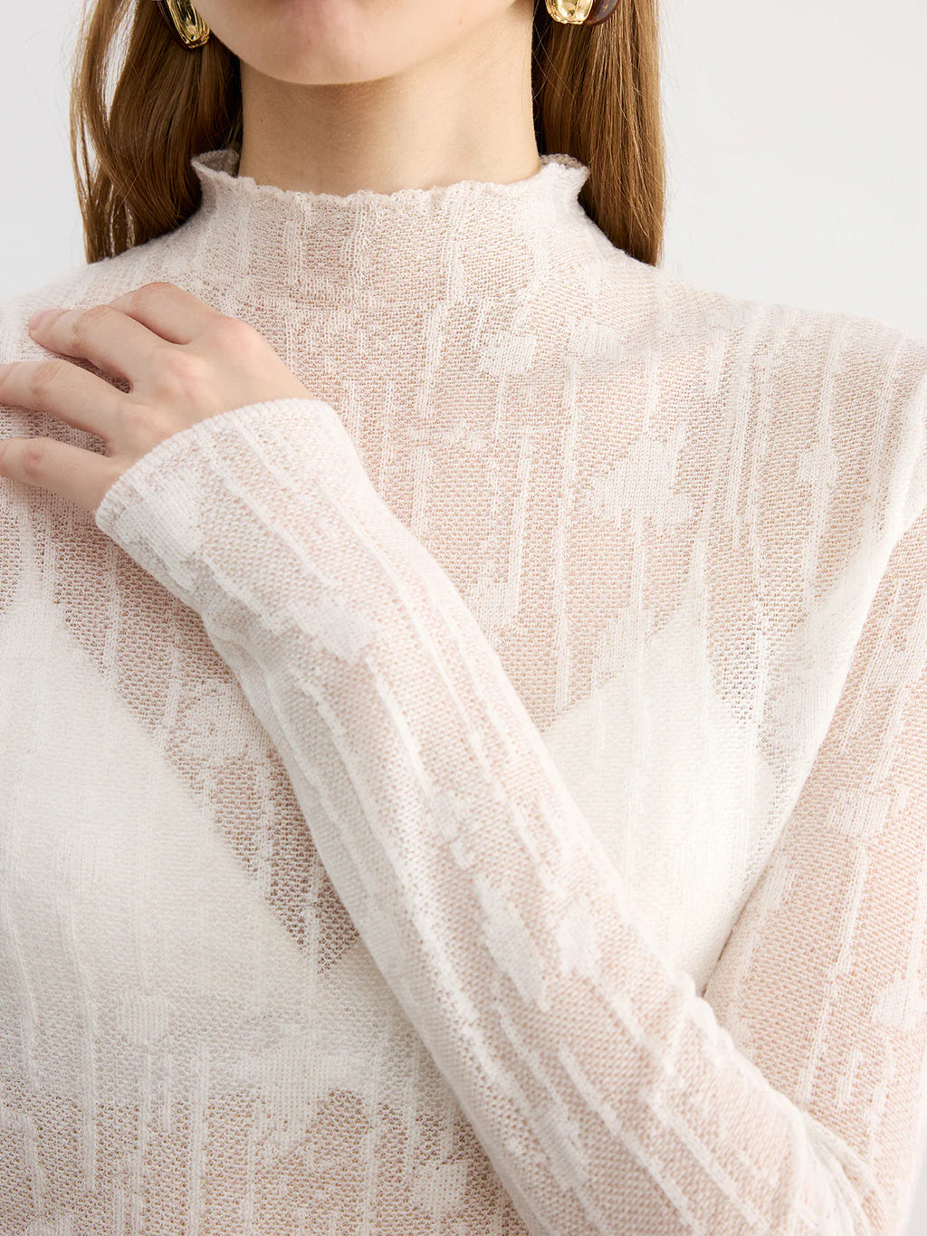 Wool Semi-Sheer Mock Neck Lace Top