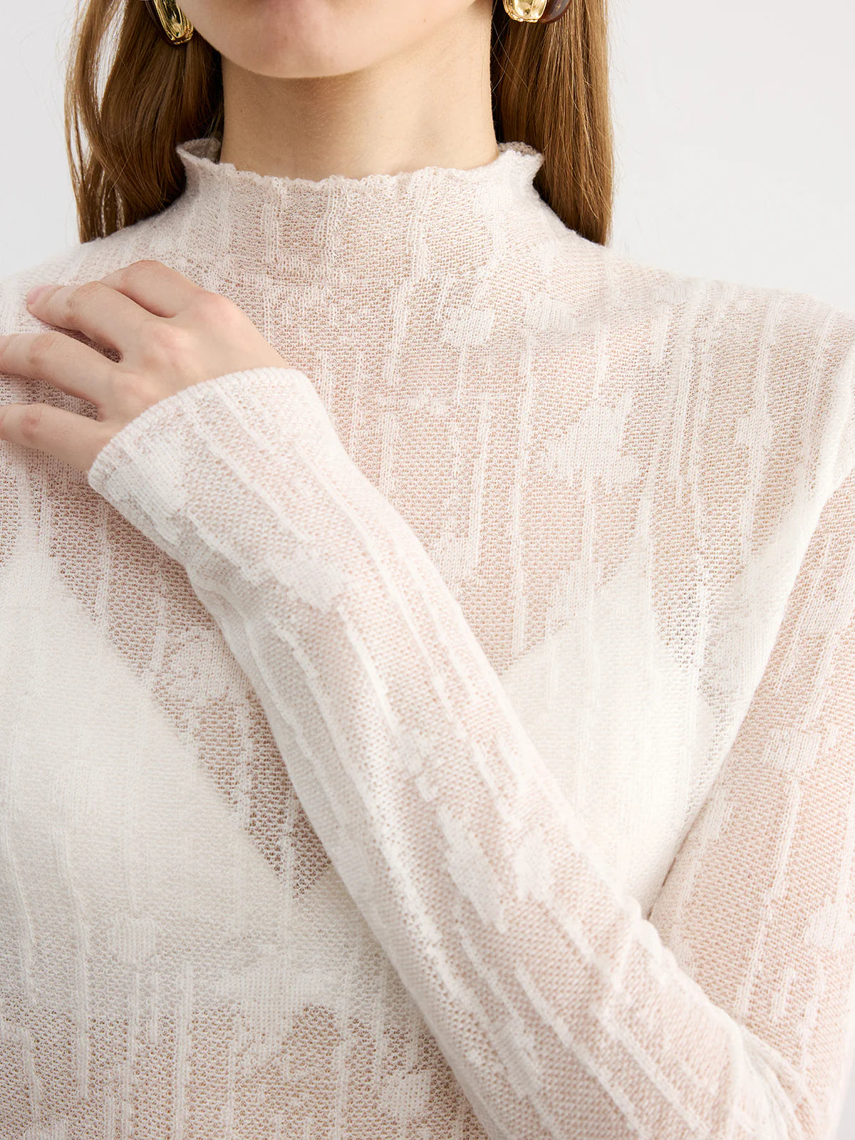 Wool Semi-Sheer Mock Neck Lace Top