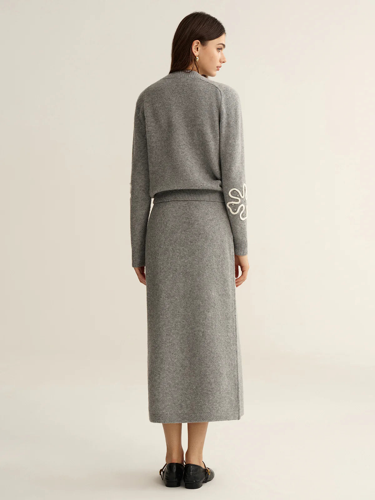 Floral Applique Sweater and Midi Skirt Set