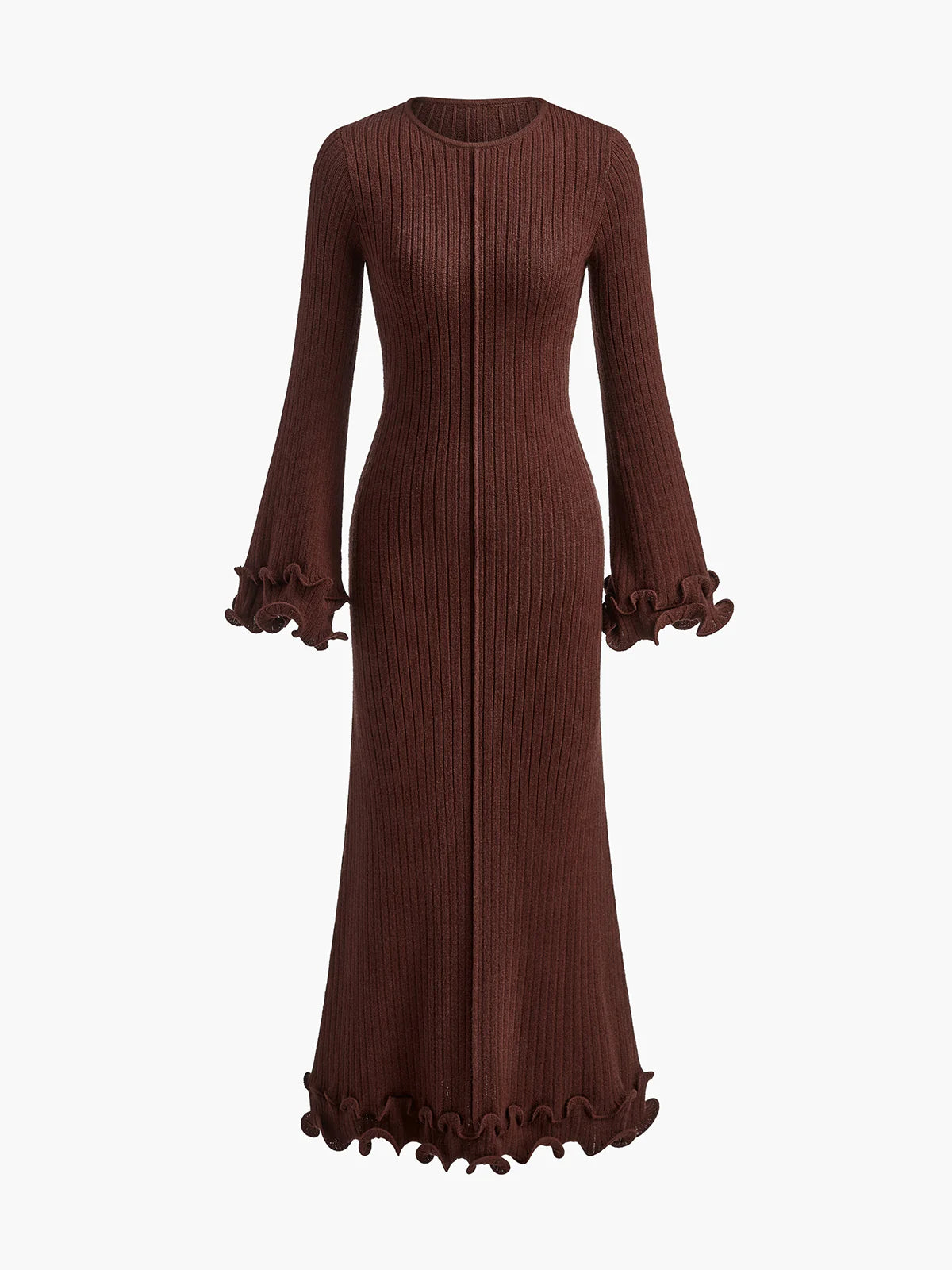 Semi-Sheer Piping Ruffle Drawstring Knit Dress