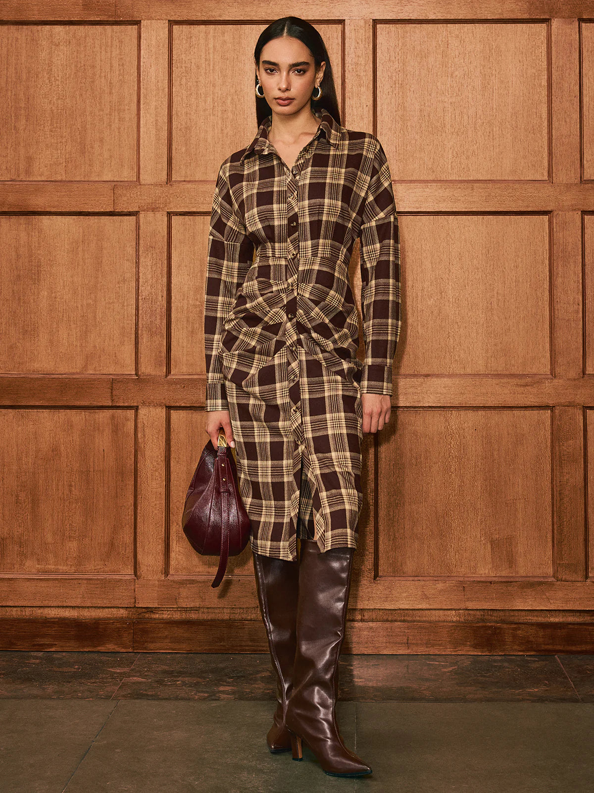 Ruched Button-Front Plaid Shirt Dress