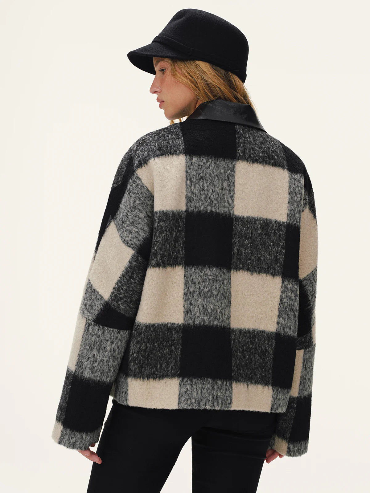 Faux Leather Collar Plaid Faux Cashmere Coat