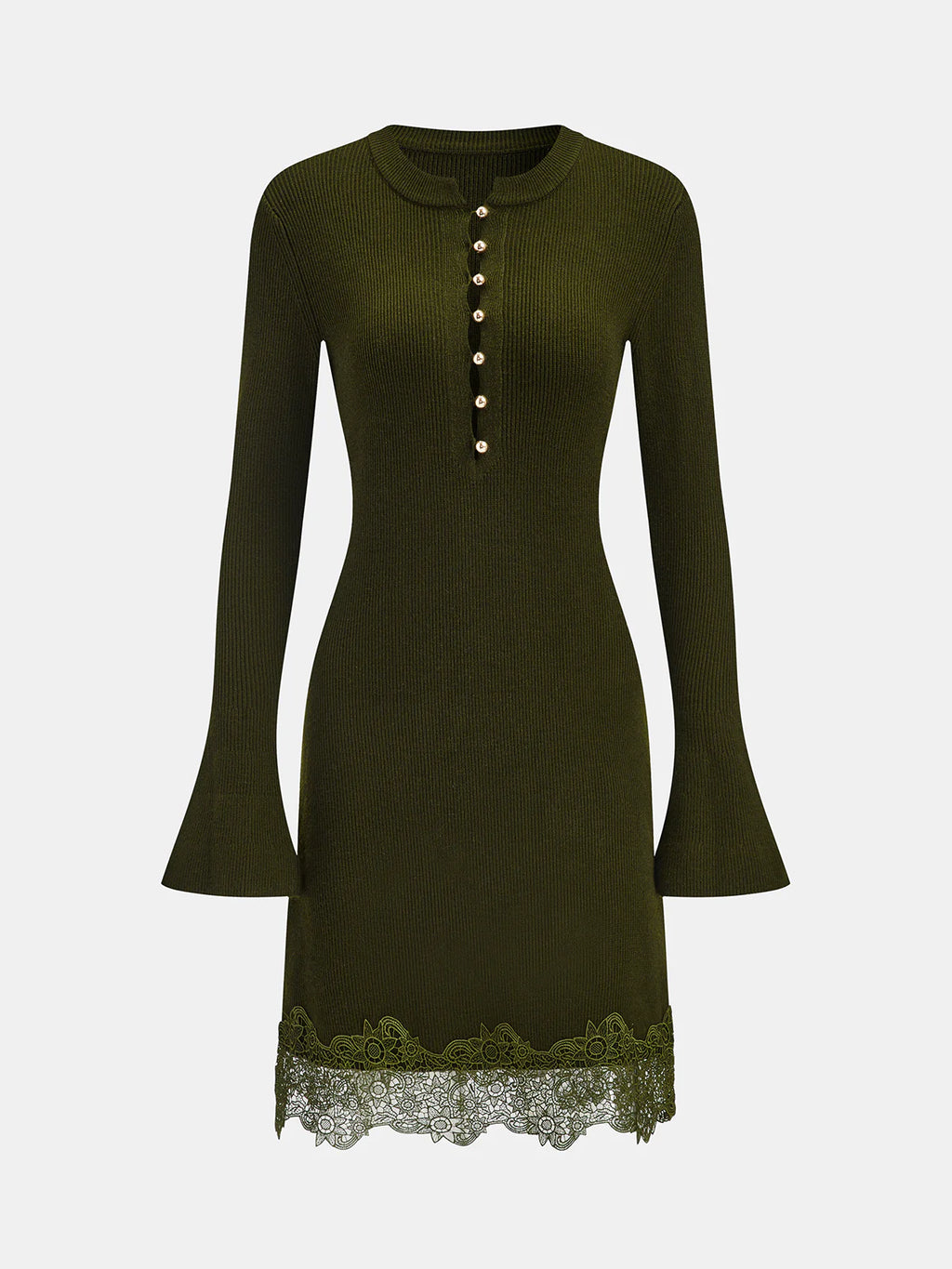 Wool Blend Lace Hem Metal Button Mini Dress