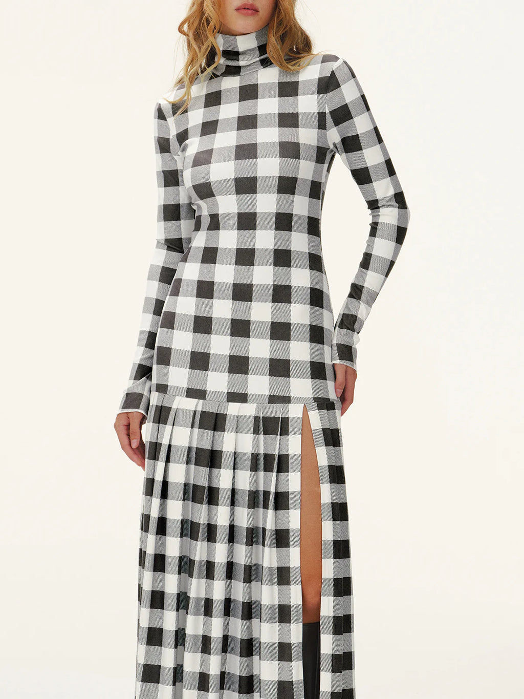 Plaid Turtleneck Long Sleeve Slit Maxi Dress