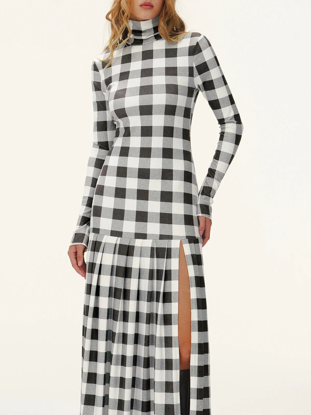 Plaid Turtleneck Long Sleeve Slit Maxi Dress