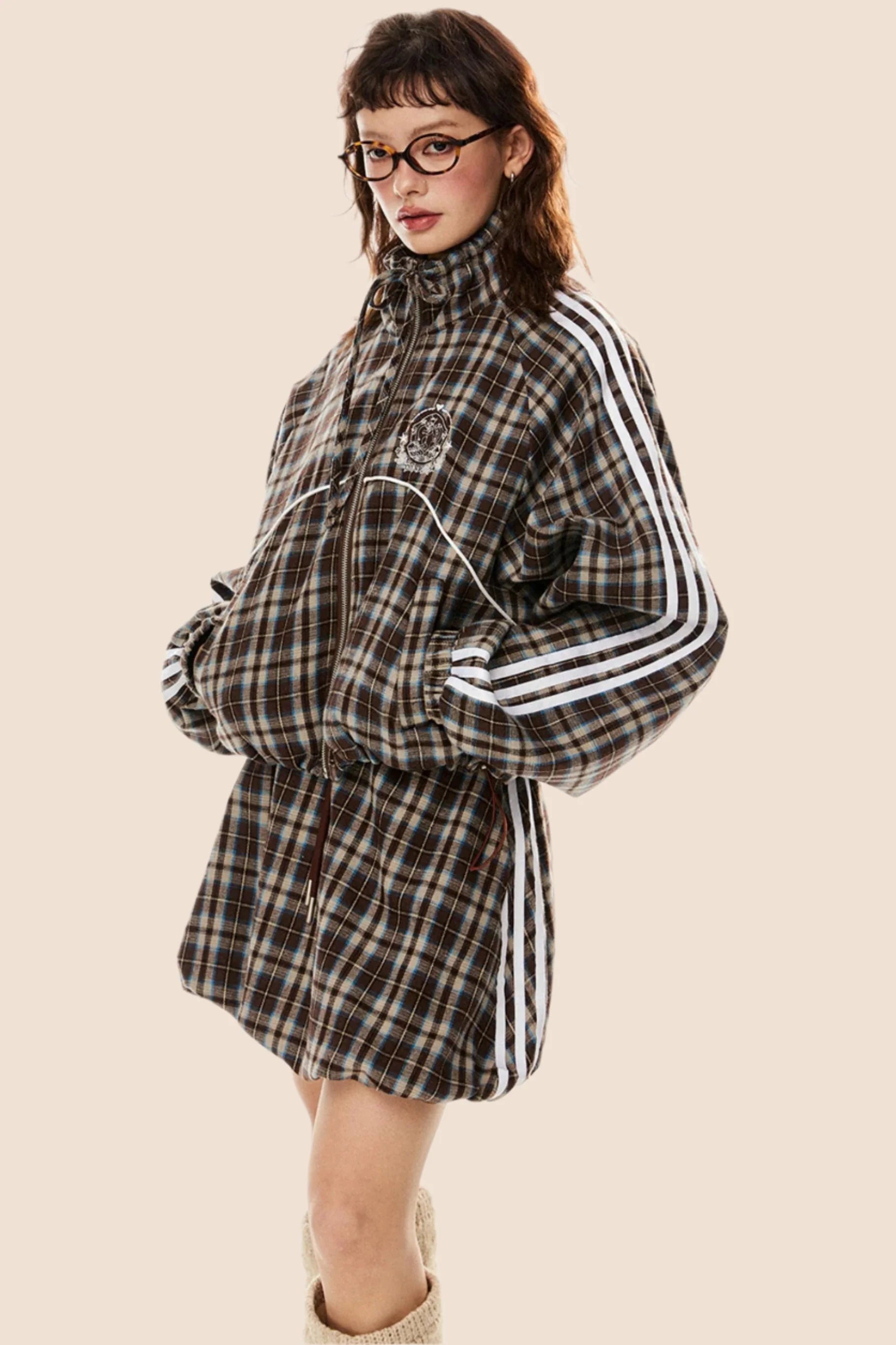 Short Loose Plaid Jacket & Skirt Set-Up