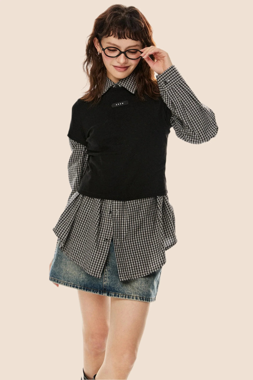 Vintage Plaid Lapel Shirt & Top Set-Up