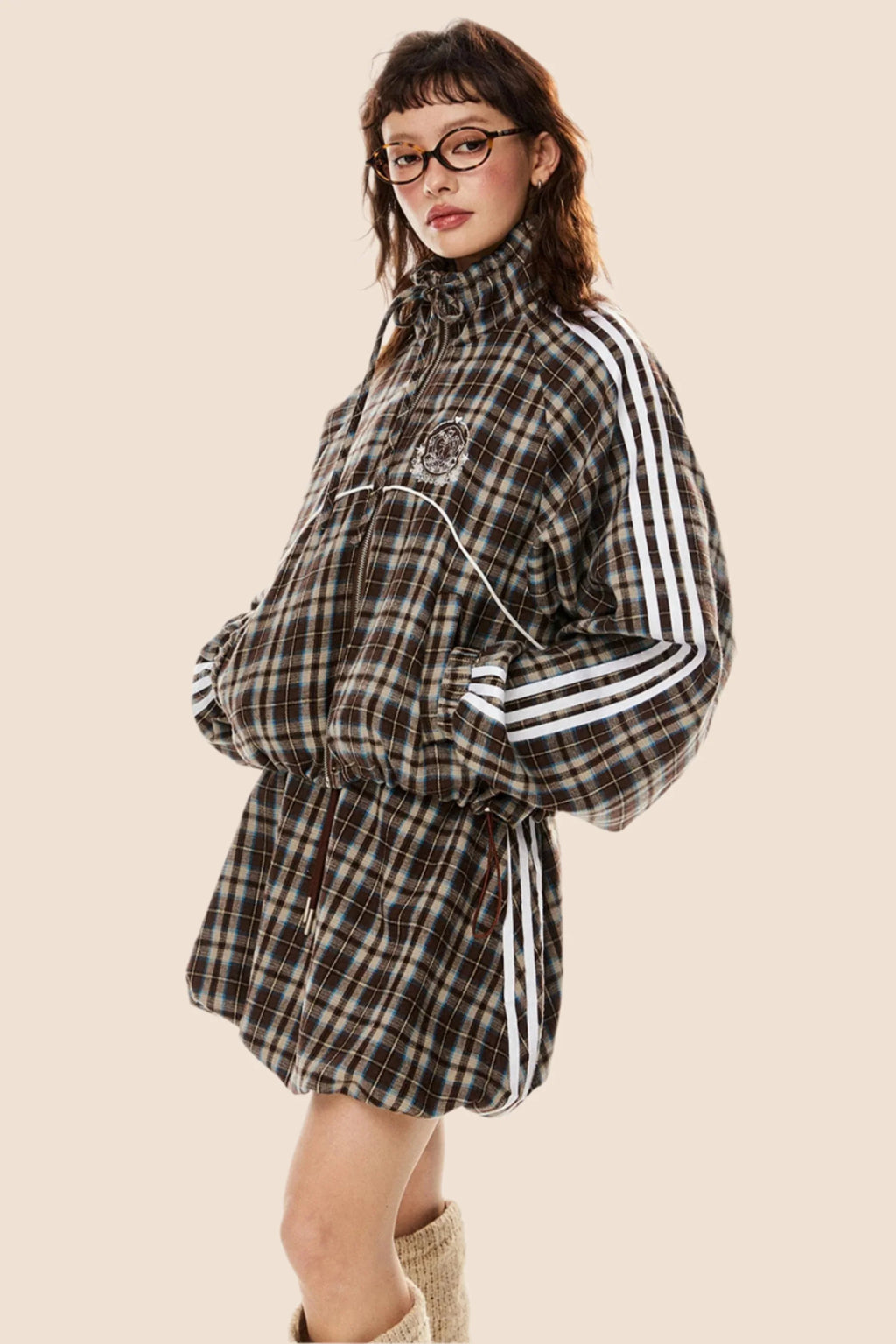 Short Loose Plaid Jacket & Skirt Set-Up