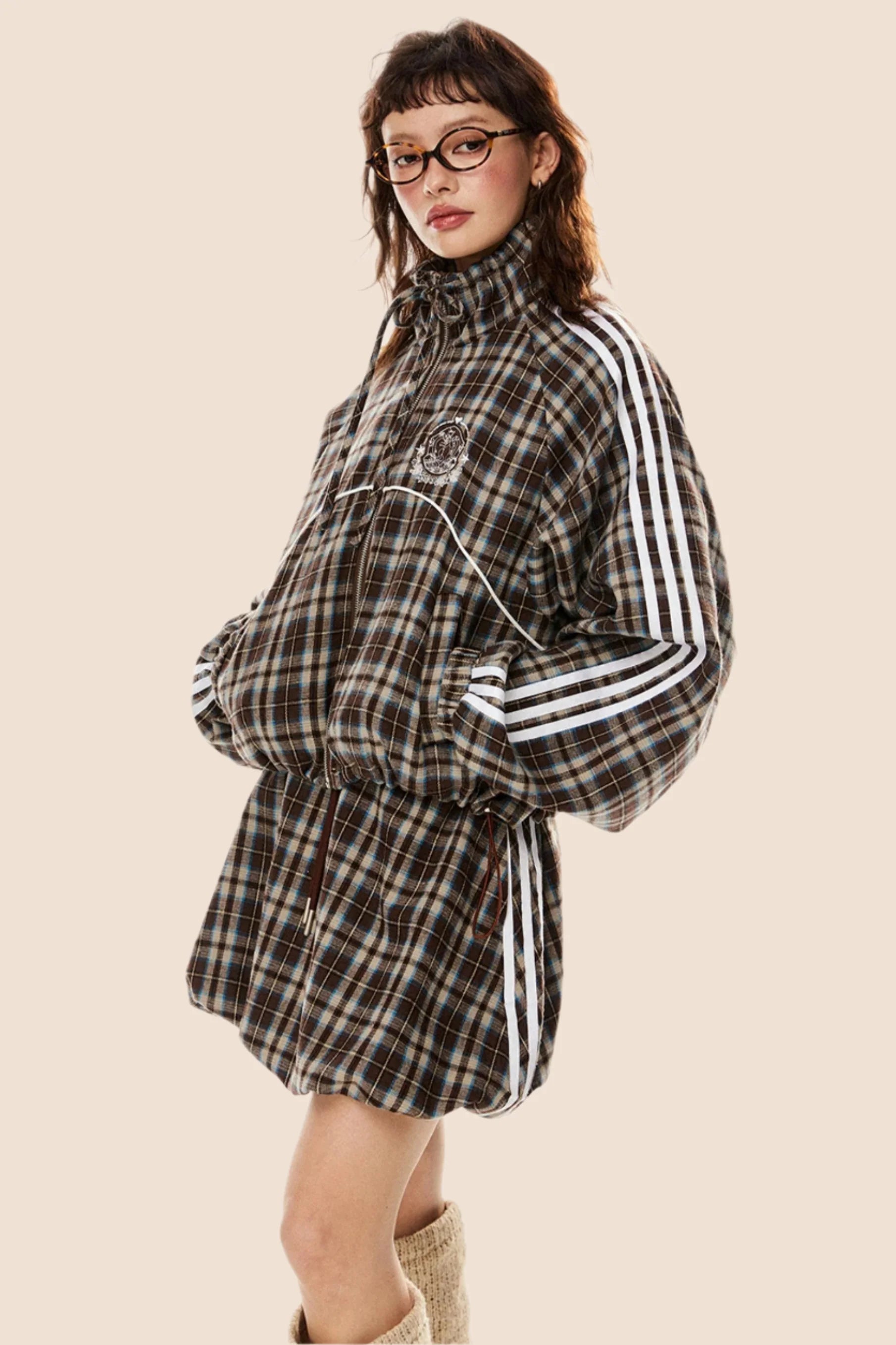 Short Loose Plaid Jacket & Skirt Set-Up