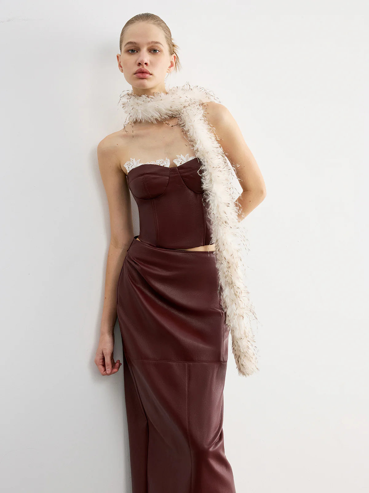 Lace Trim Faux Leather Skirt Set with Removable Straps