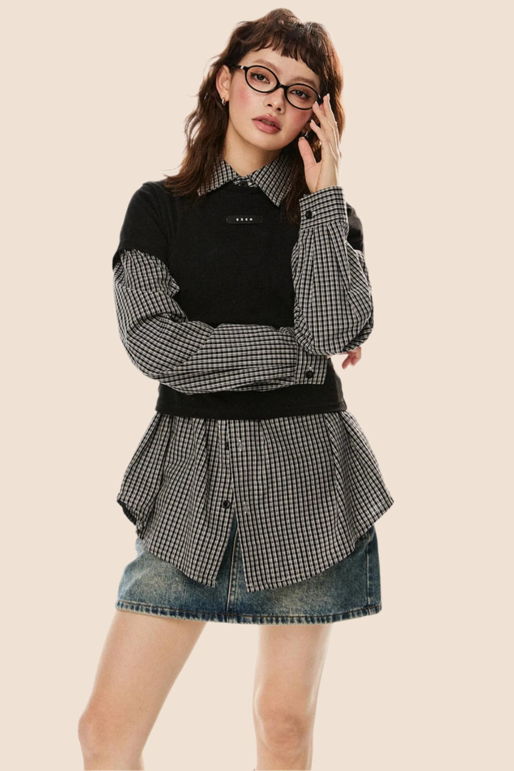 Vintage Plaid Lapel Shirt & Top Set-Up