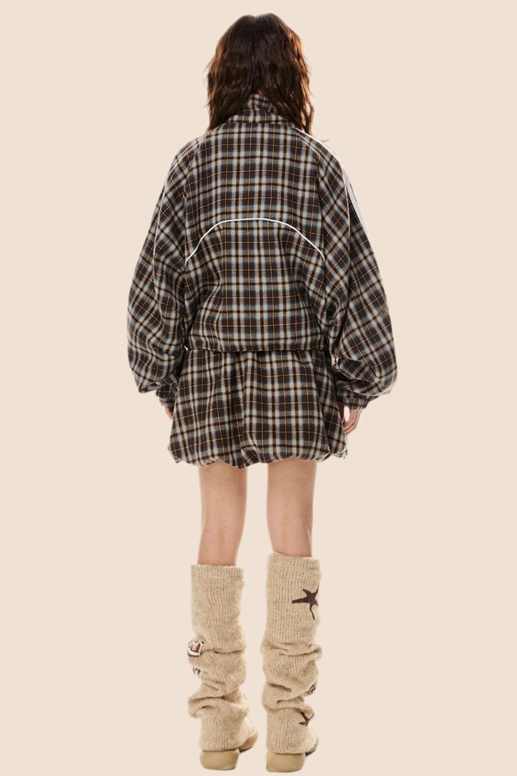 Short Loose Plaid Jacket & Skirt Set-Up