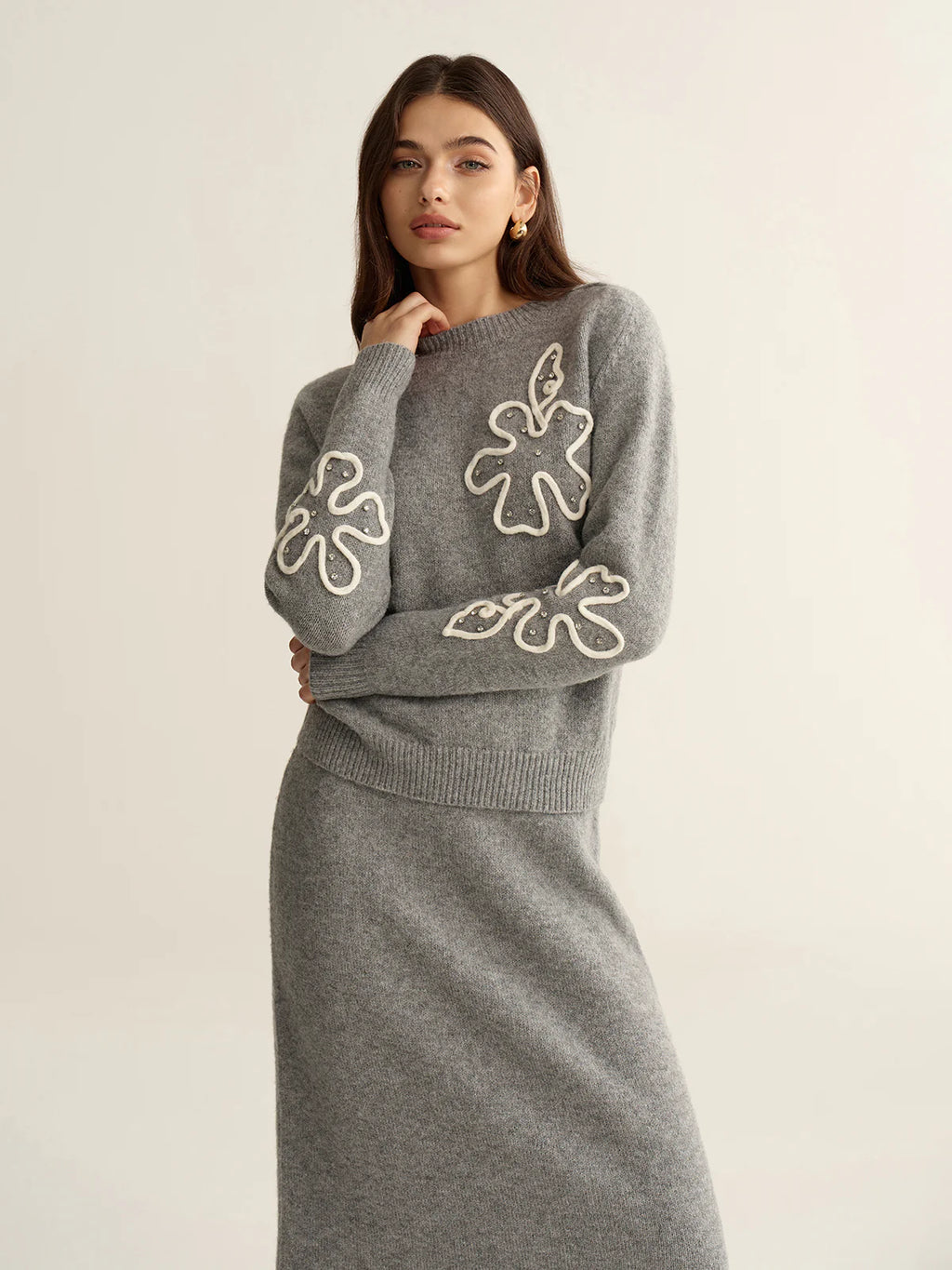 Floral Applique Sweater and Midi Skirt Set