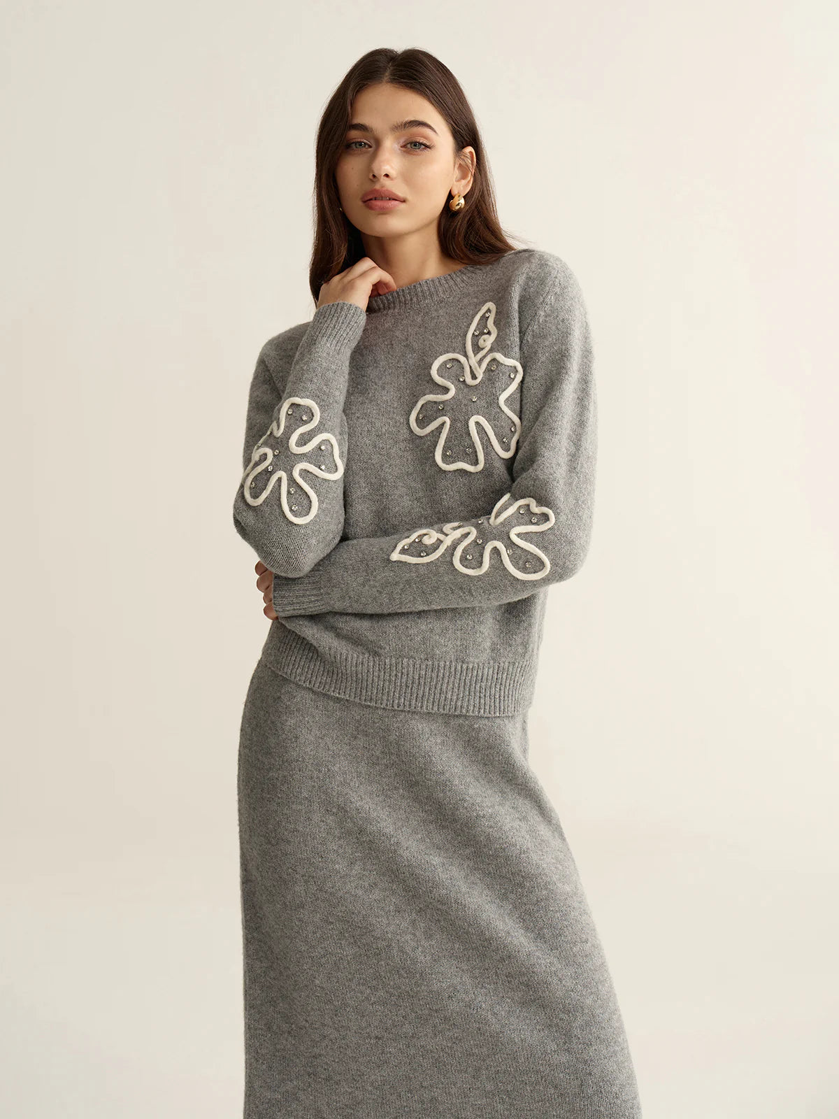 Floral Applique Sweater and Midi Skirt Set
