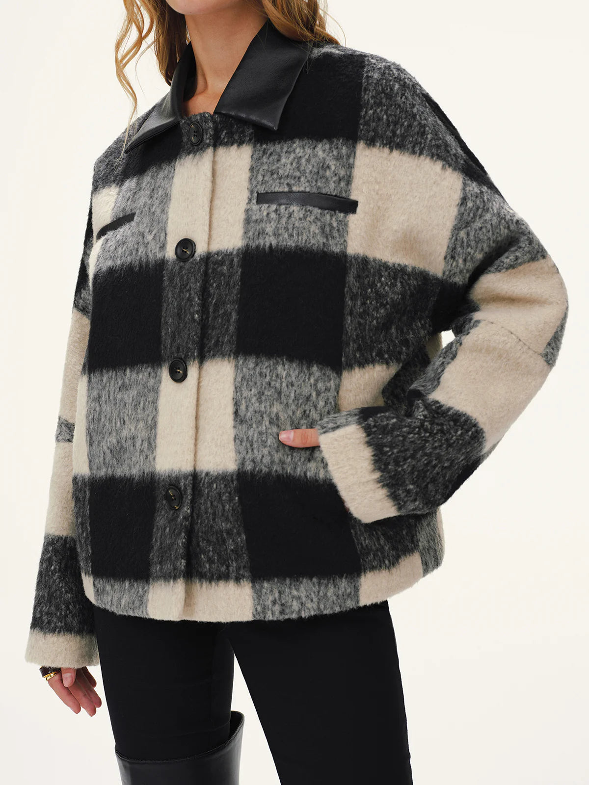 Faux Leather Collar Plaid Faux Cashmere Coat