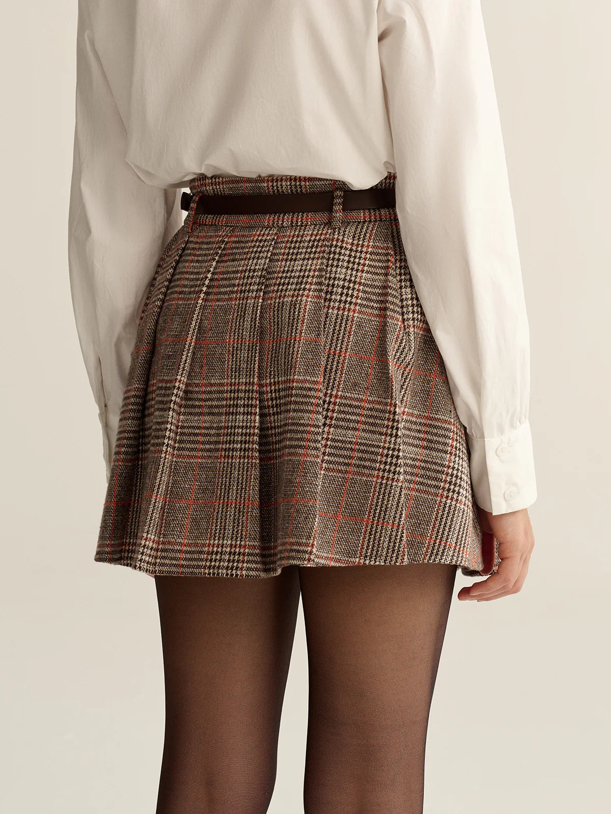 Belted Plaid Tweed Mini Skirt
