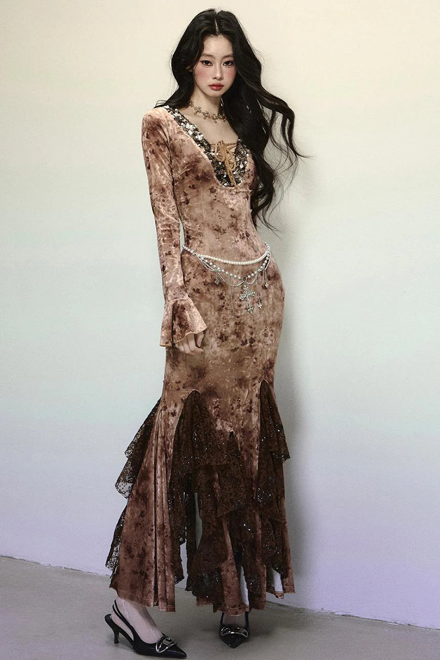Deep V Mermaid Lace Dress