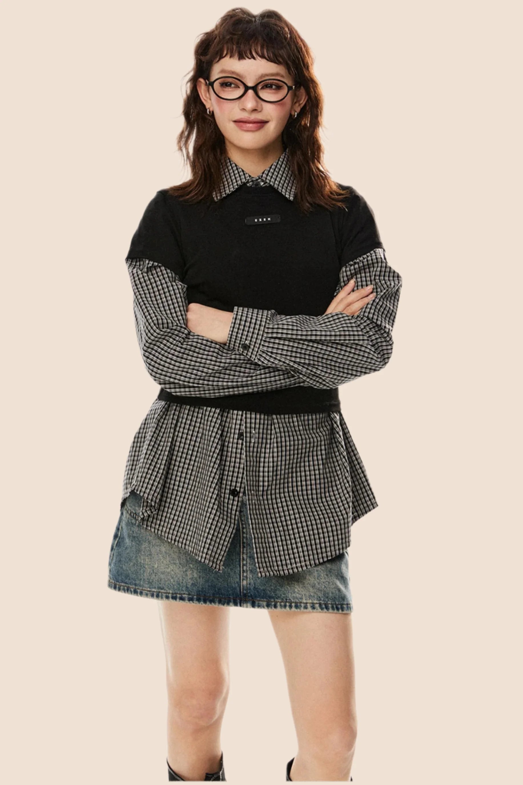 Vintage Plaid Lapel Shirt & Top Set-Up