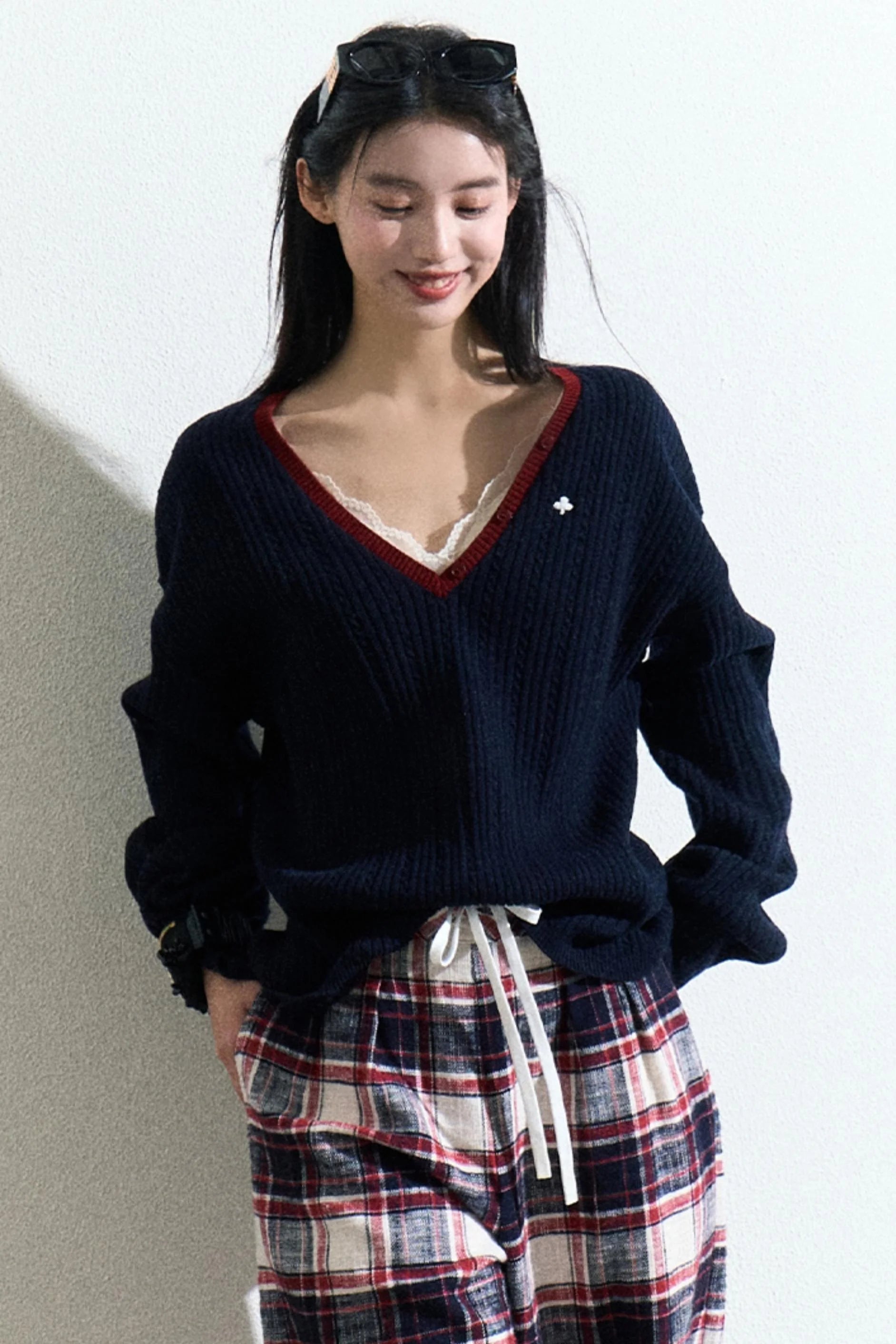 V-Neck Wool Cable Knit Top