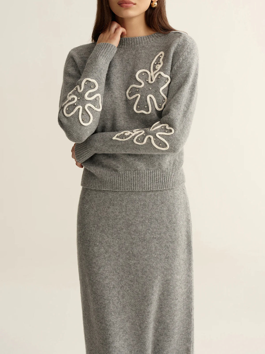 Floral Applique Sweater and Midi Skirt Set