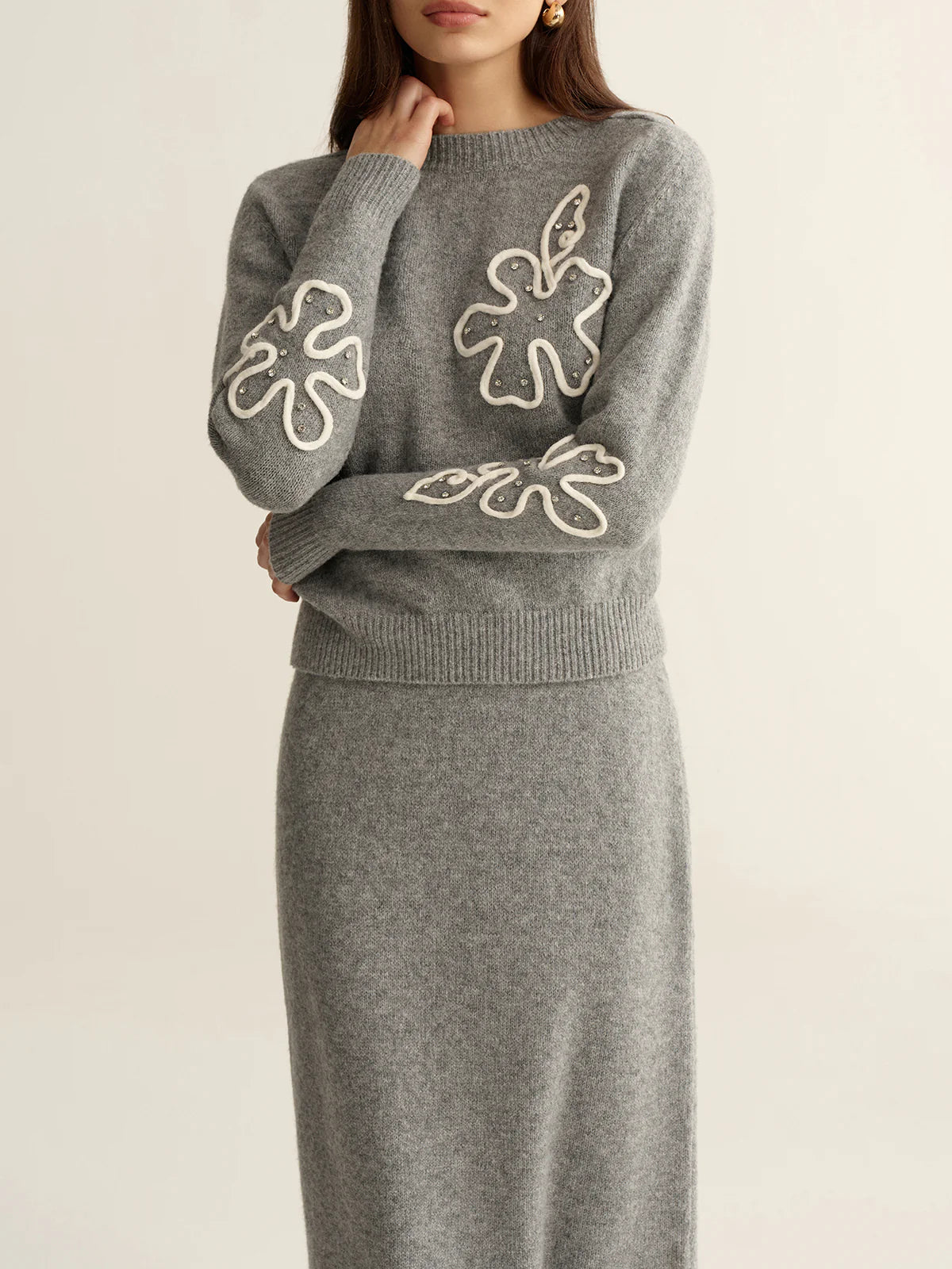 Floral Applique Sweater and Midi Skirt Set