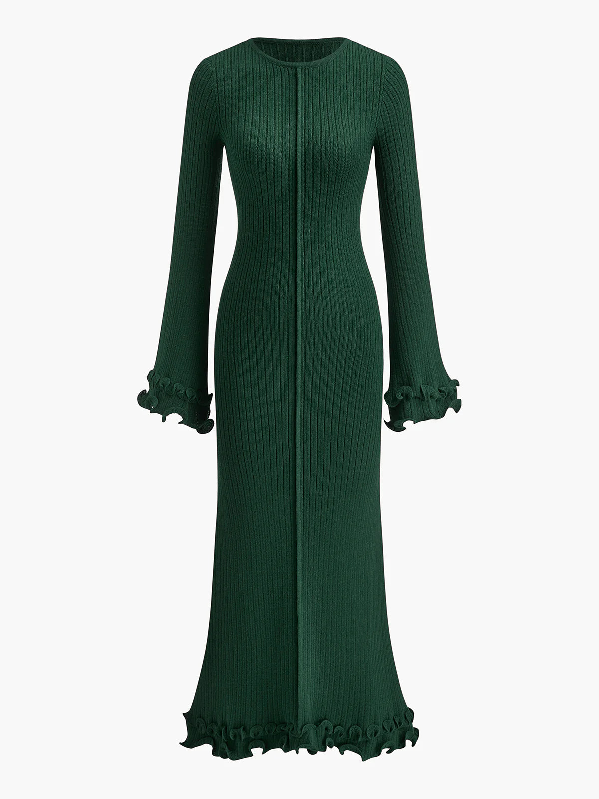 Semi-Sheer Piping Ruffle Drawstring Knit Dress