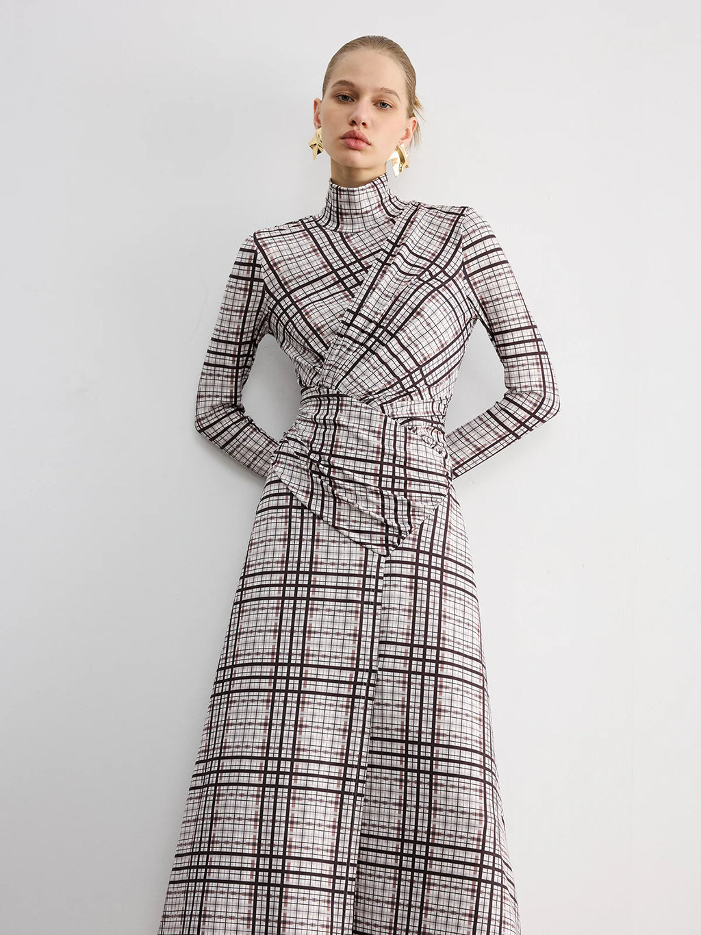 Checked Long-Sleeve Mock Neck Maxi Dress