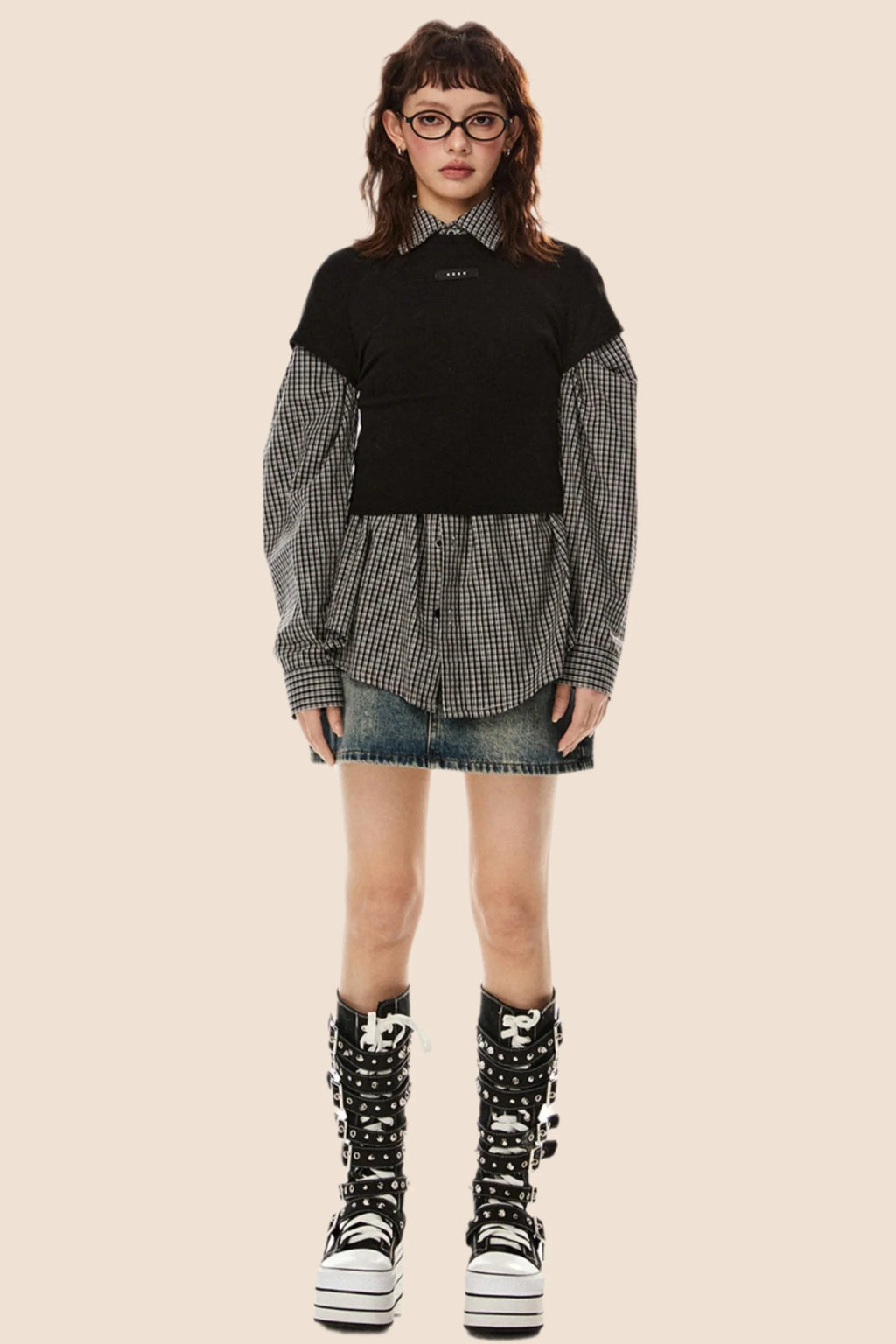 Vintage Plaid Lapel Shirt & Top Set-Up