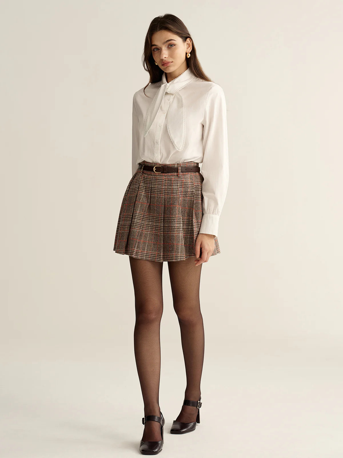 Belted Plaid Tweed Mini Skirt