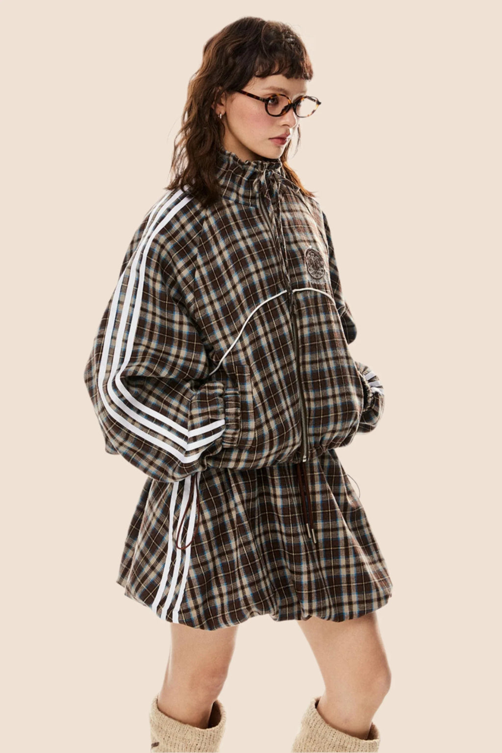 Short Loose Plaid Jacket & Skirt Set-Up